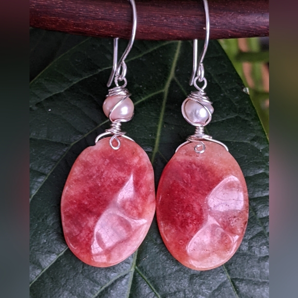 Strawberry Rhodochrosite Earrings Handmade In Pure Sterling Silver With Pearls - Picture 10 of 16
